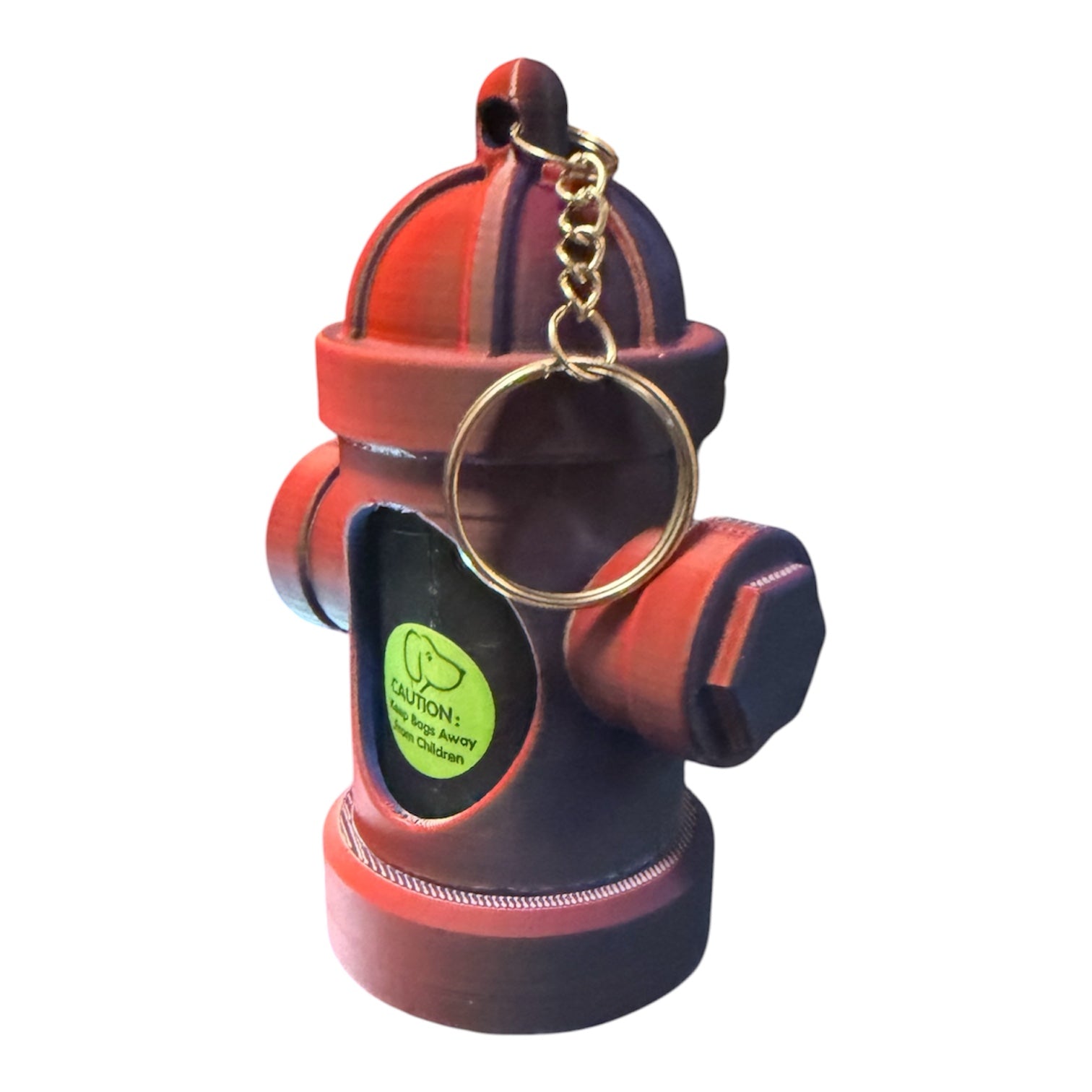 Driftwood 3D Printworks fire hydrant dog poop bag holder keychain with pet supplies design, small and portable for dog walks.