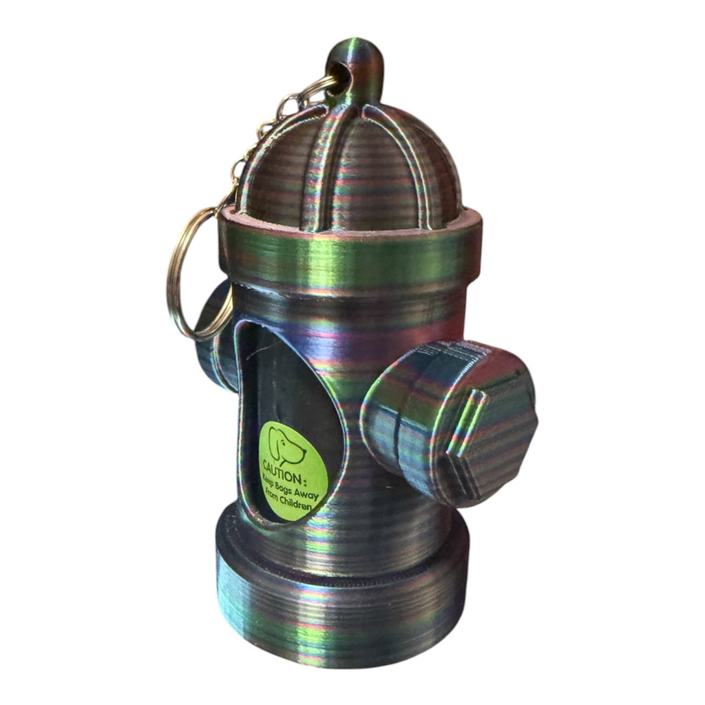 Driftwood 3D Printworks fire hydrant dog poop bag holder keychain attached to a keyring, showcasing a colorful pet supplies accessory.