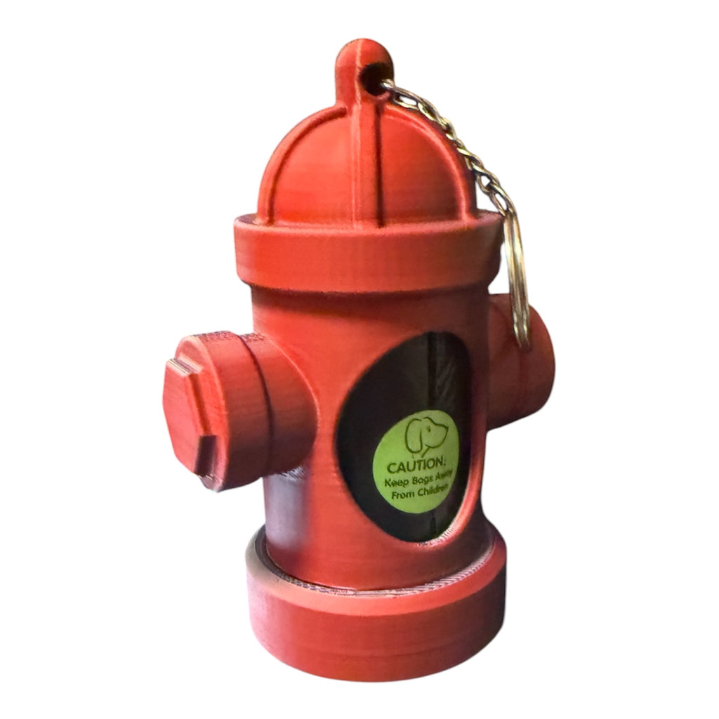 Driftwood 3D Printworks fire hydrant dog poop bag holder keychain attached to a keyring, colorful pet supplies accessory.