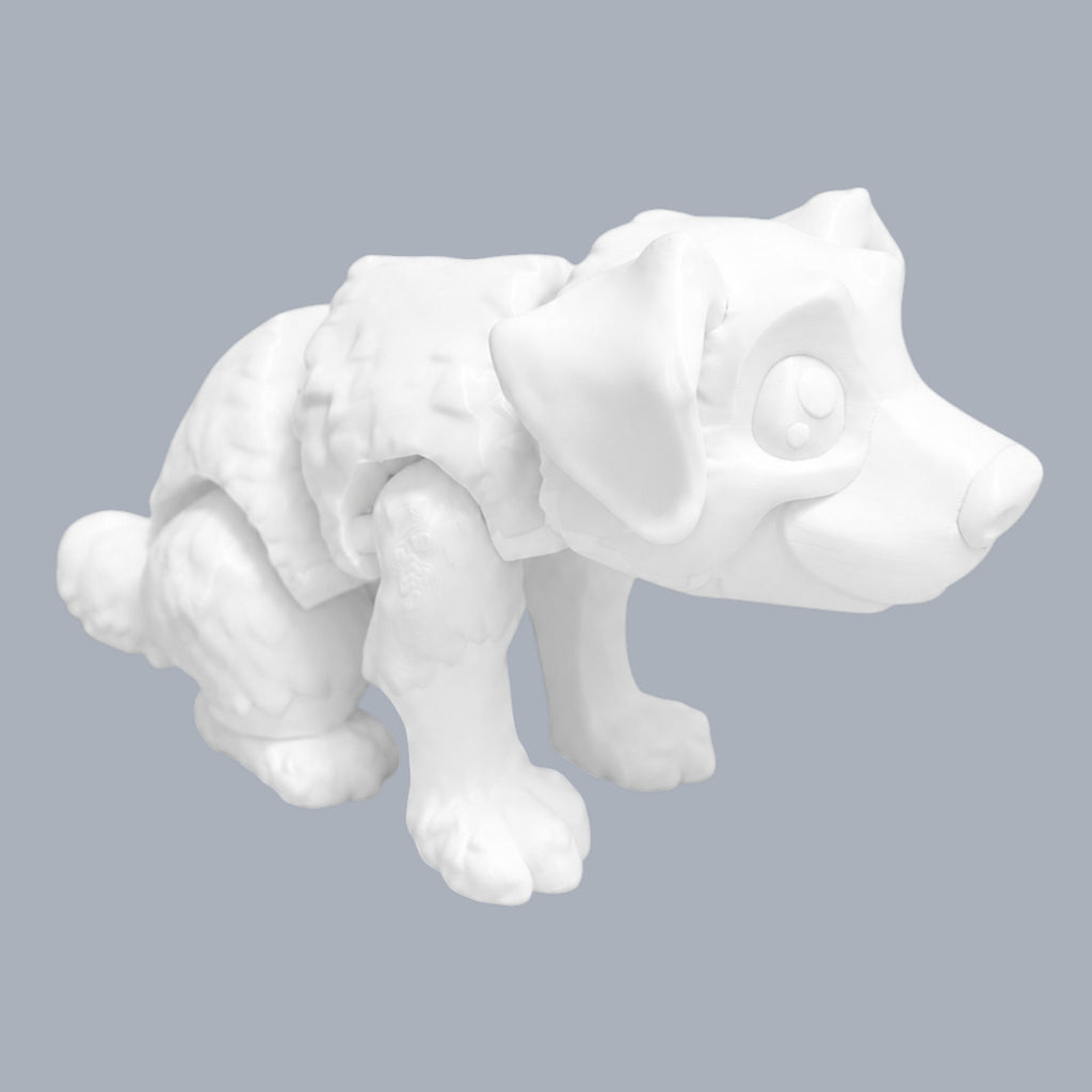 Dog painted with the Paint-A-Flexi by Driftwood 3D Printworks, showcasing vibrant colors on a flexible art piece.