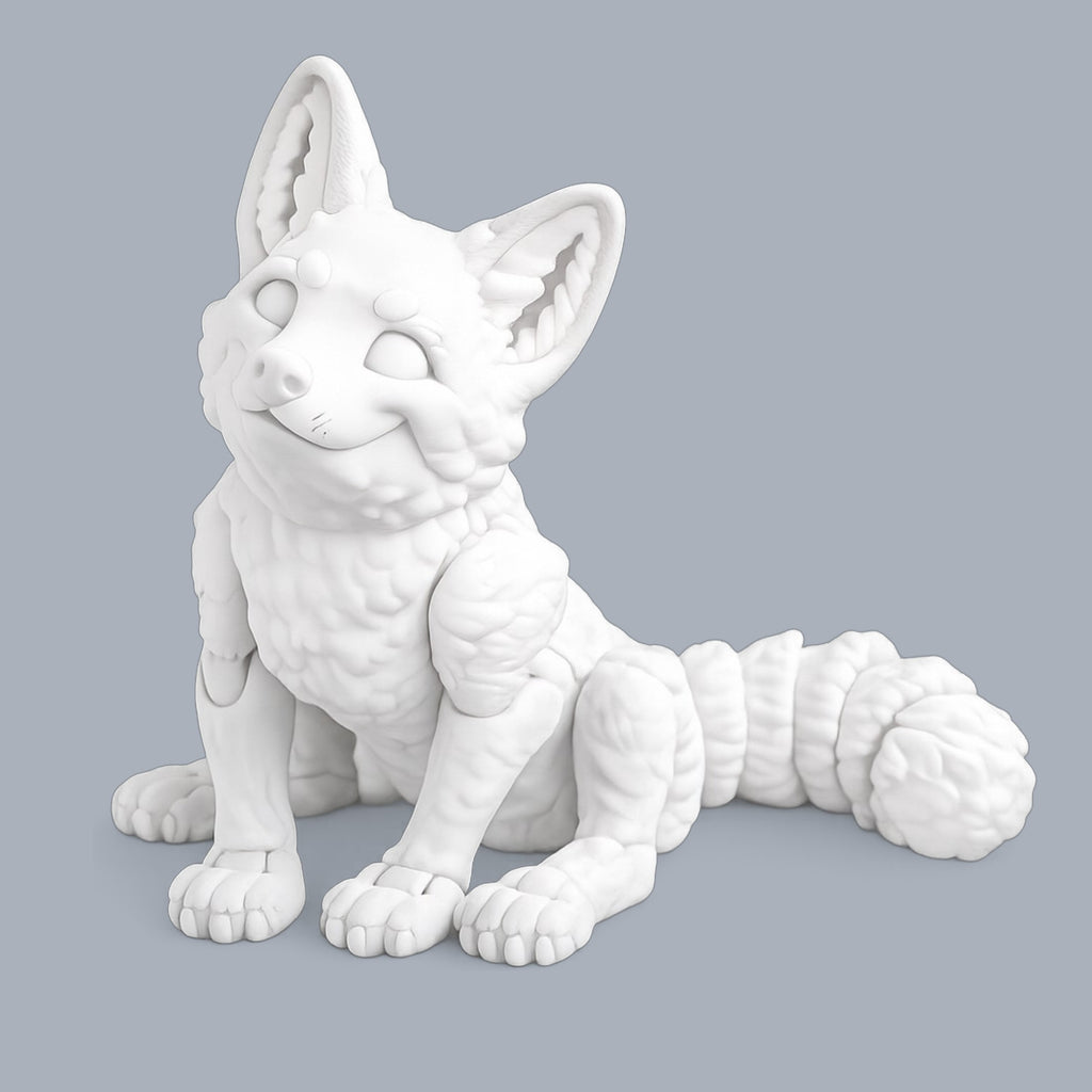 Paint-A-Flexi fox sculpture by Driftwood 3D Printworks, colorful flexible 3D printed fox figure on a white background.