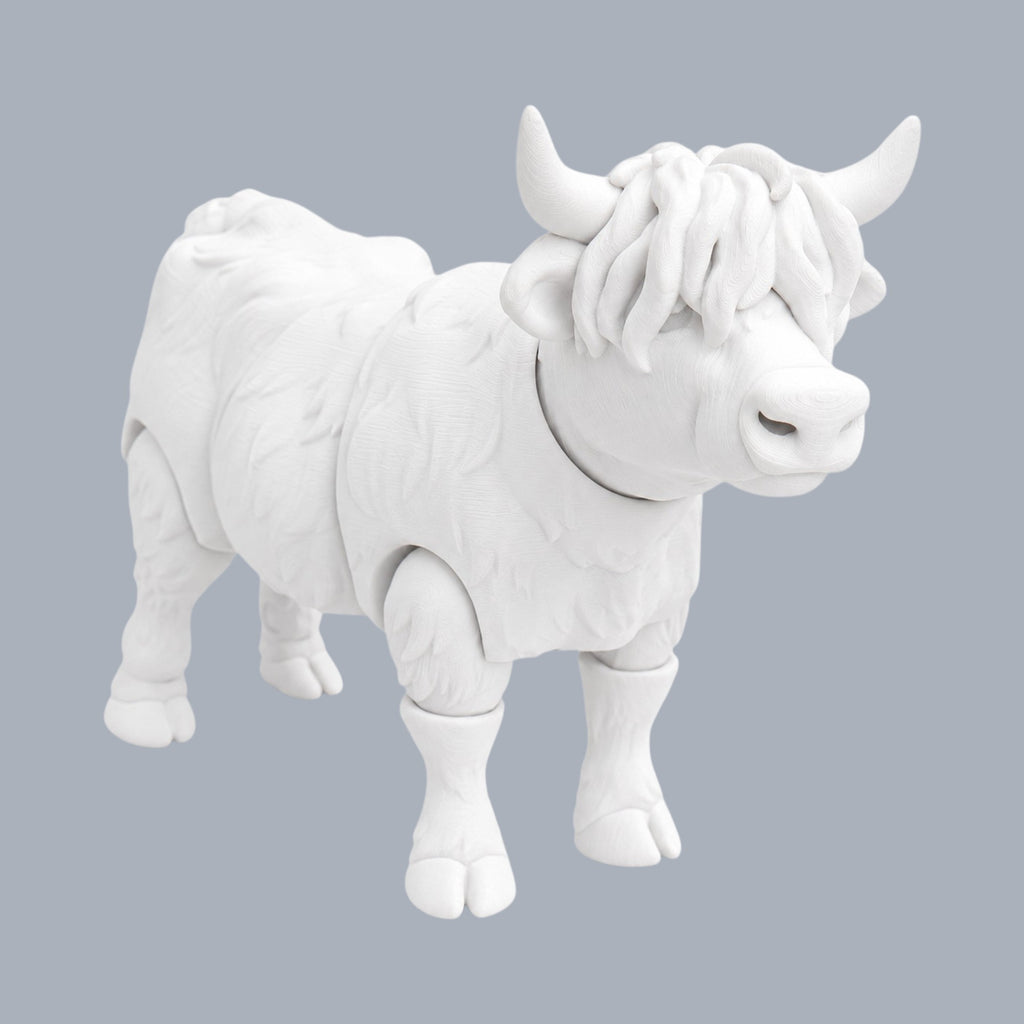 Paint-A-Flexi Highland Cow figurine by Driftwood 3D Printworks, featuring detailed painted design on a flexible 3D print.