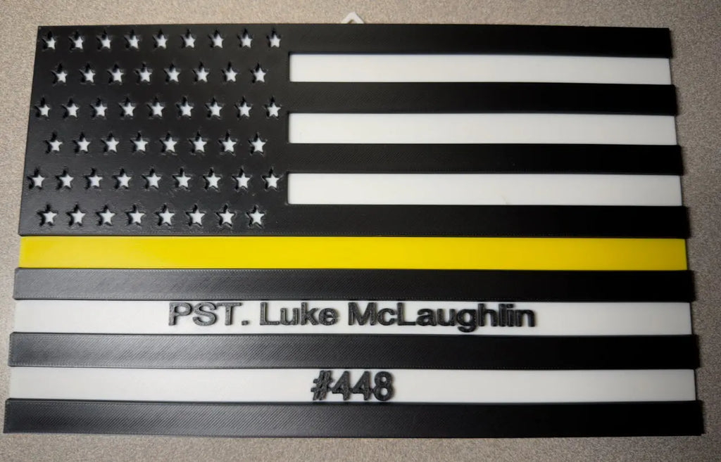 American flag with a thin yellow stripe and personalized text on a gray background
