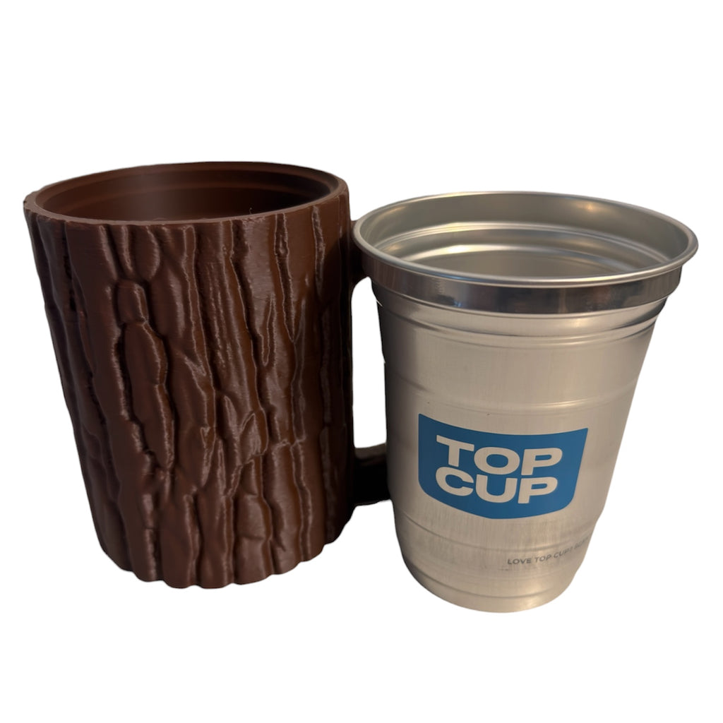 16 oz Driftwood 3D Printworks Ball Cup Log Mug can holder with wooden log design and sturdy handle, perfect for beverages.