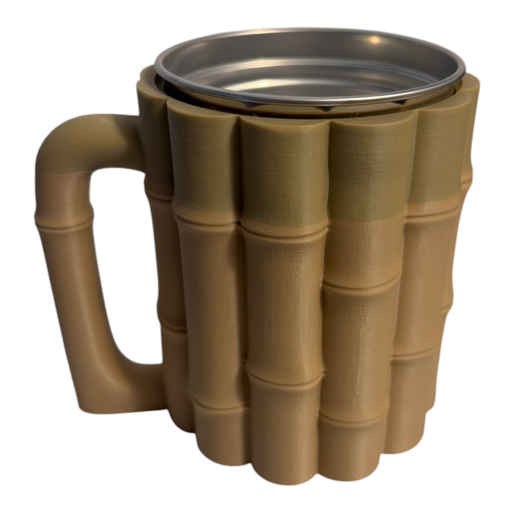 16 oz bamboo can holder with Driftwood 3D Printworks branding, designed to fit a standard 16 oz beverage cup.