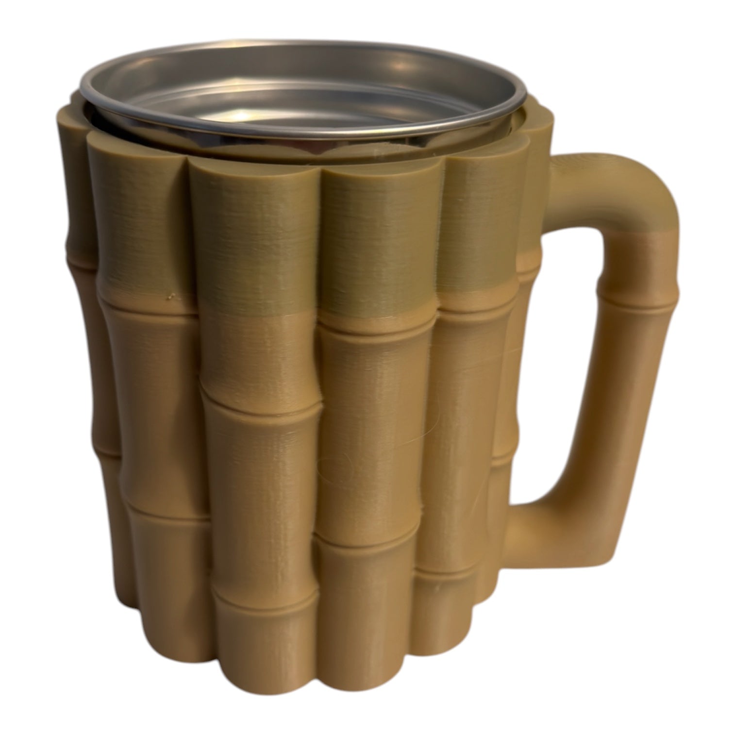 Driftwood 3D Printworks 16 oz bamboo mug with can holder, eco-friendly design, featuring a sleek bamboo finish and sturdy can support.
