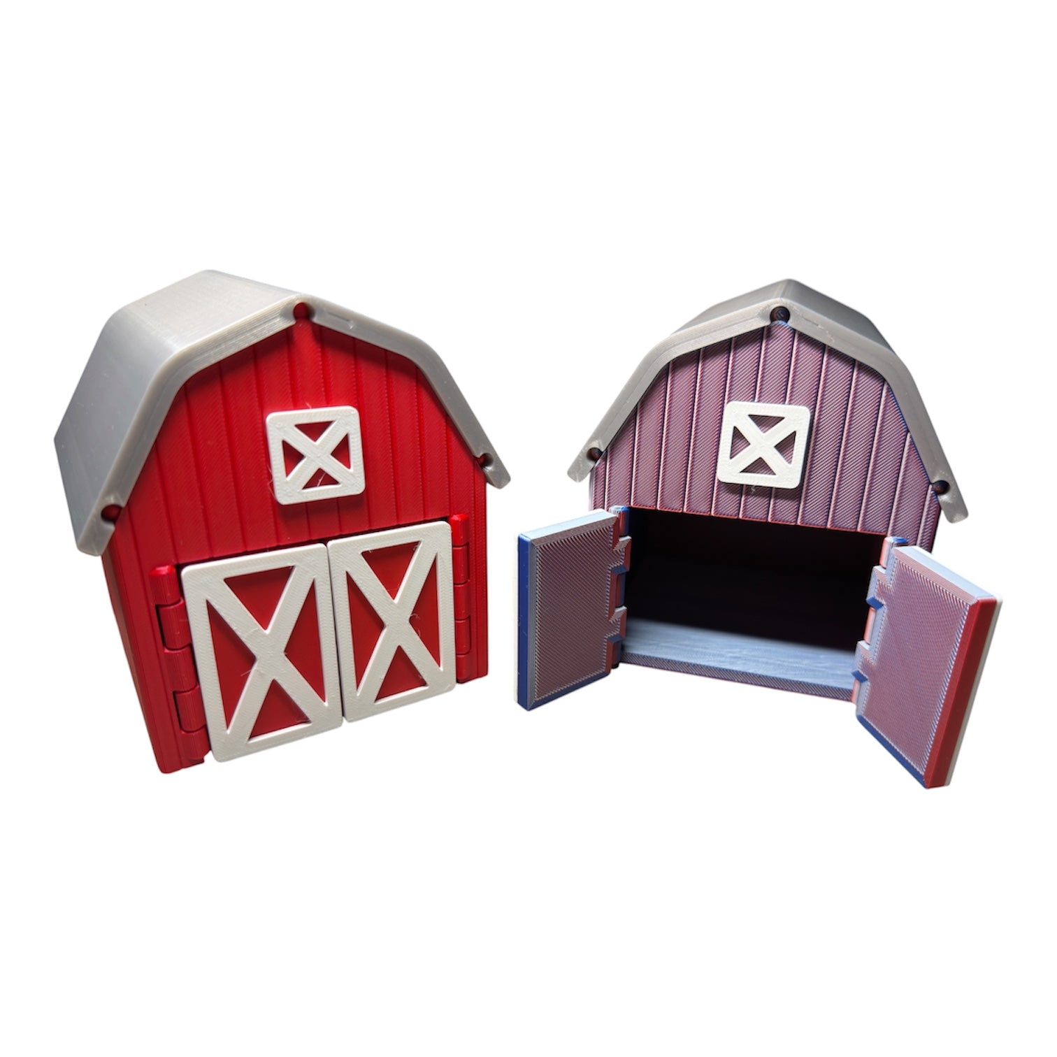 3D printed barn playset by Driftwood 3D Printworks, featuring farm structures for Flexi animals and farm adventure play.