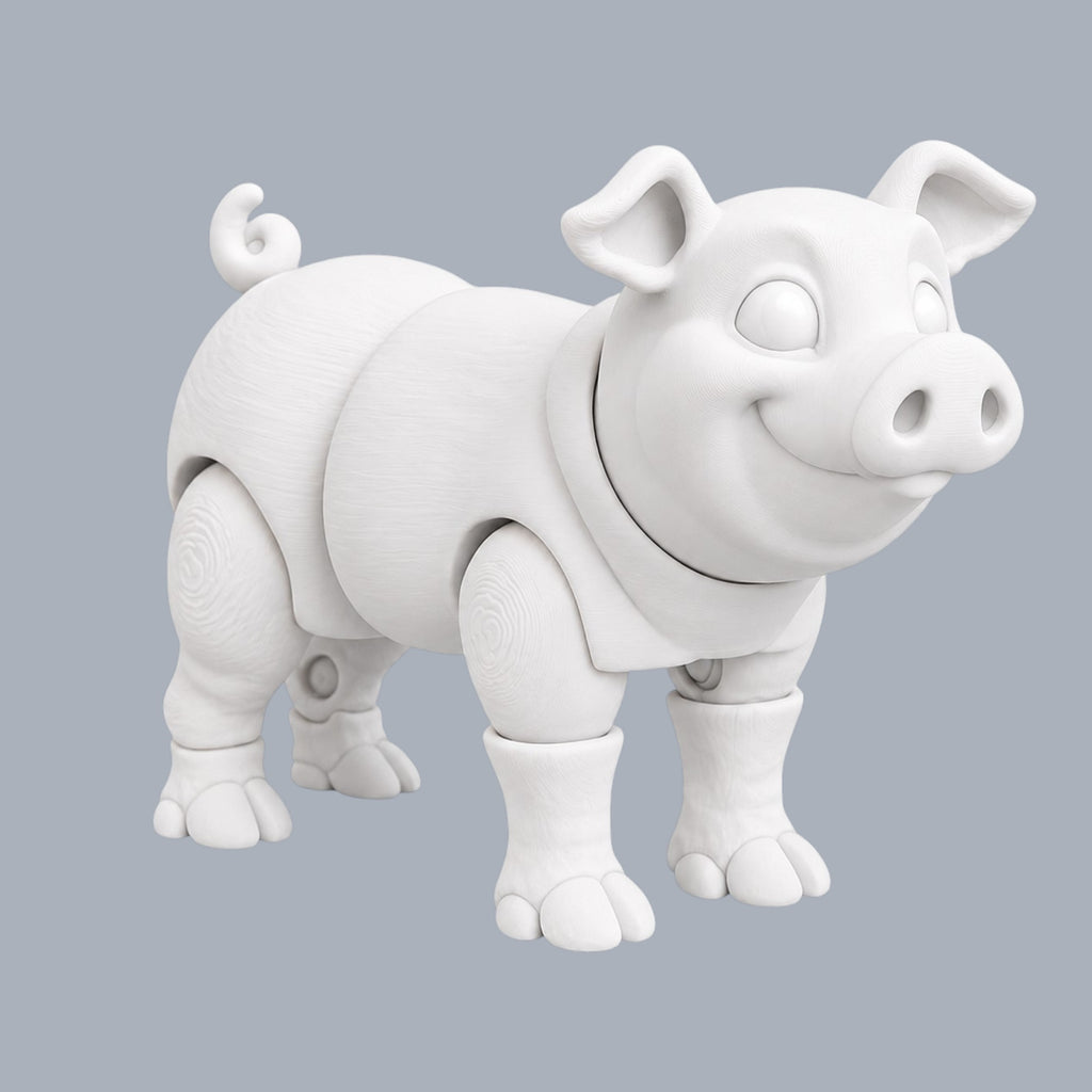 Colorful pig-shaped figure made of Paint-A-Flexi foam by Driftwood 3D Printworks, showcasing vibrant paint details and flexible material.