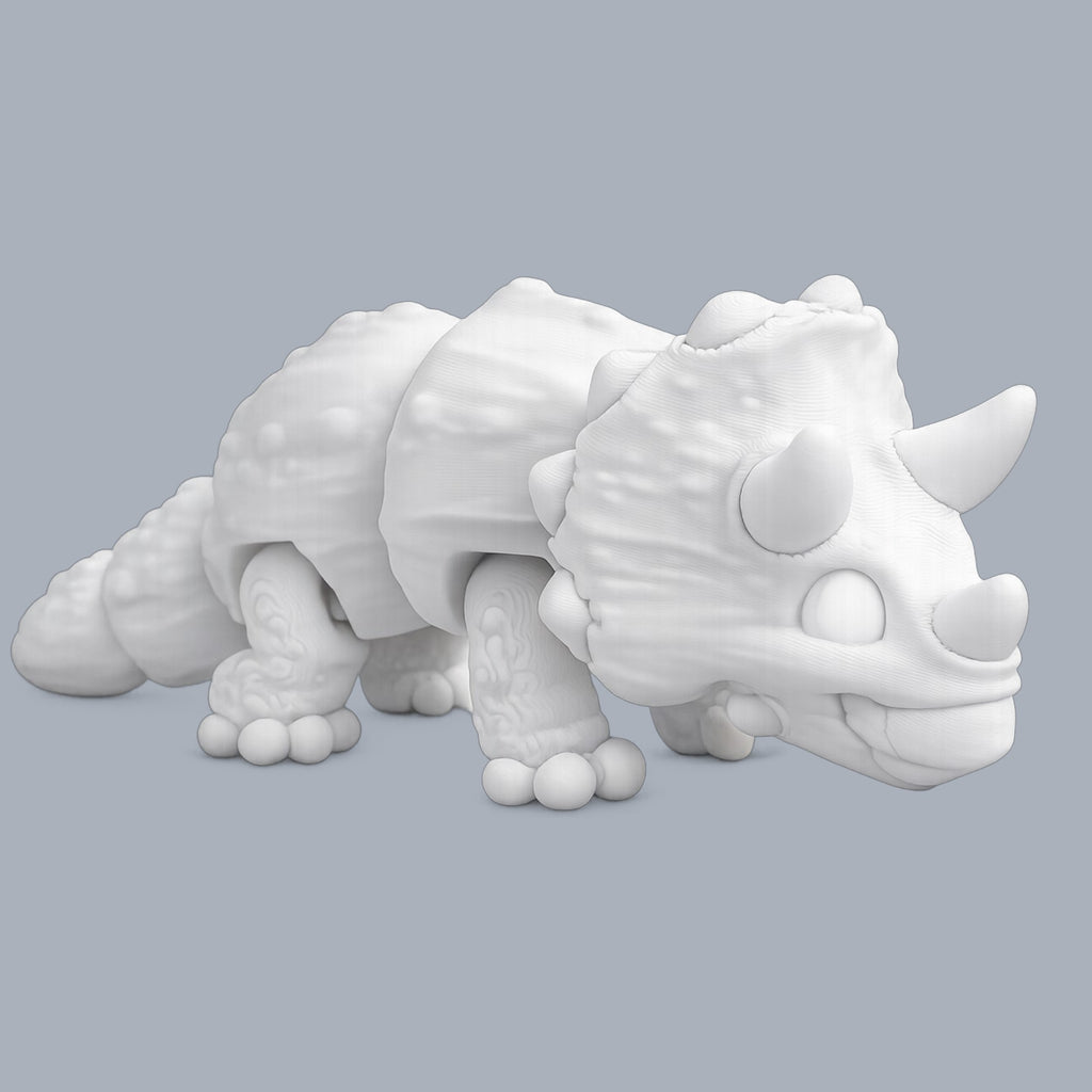 Paint-A-Flexi Triceratops model by Driftwood 3D Printworks, showcasing a colorful, flexible dinosaur figure for creative painting projects.